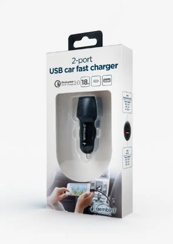 Picture of Gembird 2-port USB car fast charger, Type-C PD 20W Black TA-U2QC3-CAR-02