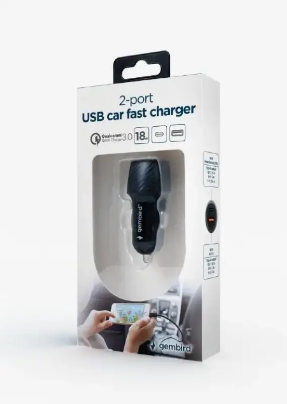 Picture of Gembird 2-port USB car fast charger, Type-C PD 20W Black TA-U2QC3-CAR-02