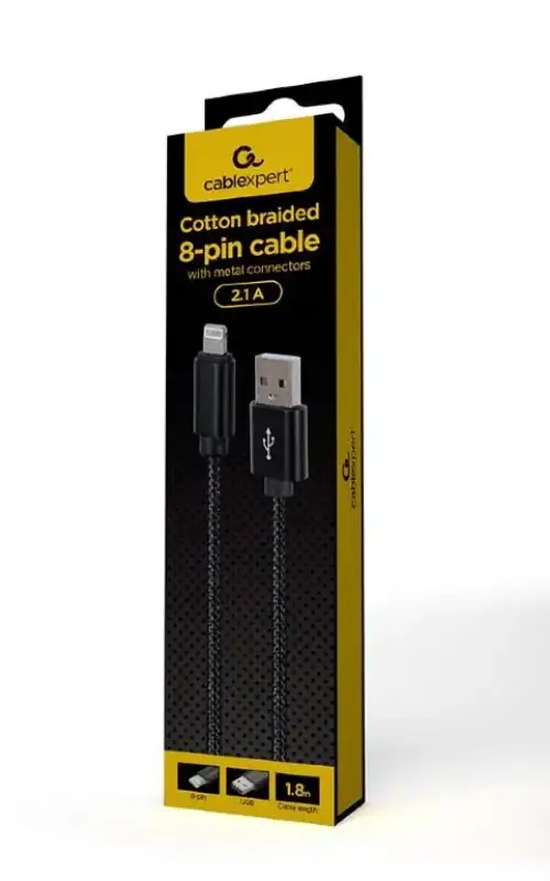 Picture of Gembird Cotton braided 8-pin cable with metal connectors 1.8m black CCDB-mUSB2B-AMLM-6