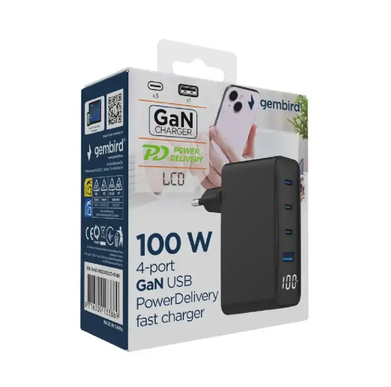Picture of Gembird Charger Adapter  100W 4PORT GAN USB Fast  Charger,LCD,Black, TA-UC-PDQC100LCD-01-BK